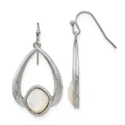 Stainless Steel Chisel Polished And Textured Mother Of Pearl Dangle Shepherd Hook Earrings