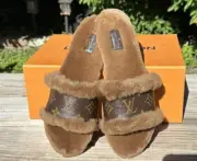Louis Vuitton Mink Fur Monogram Brown Ltd Flat Mule Sandal 40/10 AUTHENTIC NEW