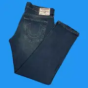 True Religion Jeans Mens Size 36x32 Geno Relaxed Slim No Flap Dark Blue Denim
