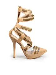 Beige Leather Pointed Toe Wrap Heels