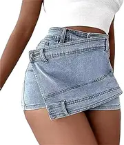 [RegaliaKun] Denim Shorts Women Casual A-line High Waist Solid Button Up Asymmetrical Denim Jean Skort Mini Shorts