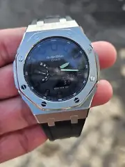 "Customized Casio G-Shock GA-2100 Black Dial Stainless Steel Mod - Upgraded Stra