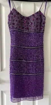 AIDAN MATTOX Women's Purple Jeweled Beaded Sequin 100% Silk Dress Gown Sz 2 NWT