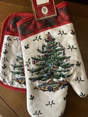 New Spode Christmas Tree Tartan Plaid Oven Mitt & Pot Holder Set