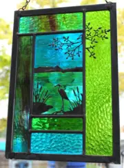 Stained Glass Window Panel heron cattails turquoise blue green