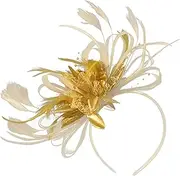 Caprilite Fashion Gold Feather and Floral Net Hair Fascinator Headband for Women - Formal Events and Celebrations