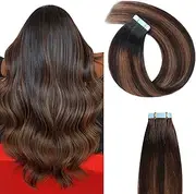 YILITE Tape in Extensions Human Hair 18 inches 50g/20pcs Balayage Darkest Brown Roots Fading to Darkest Brown and Chestnut Brown Silky Seamless Skin Weft Tape in Hair Extensions(18 inches #T2/P2/6)