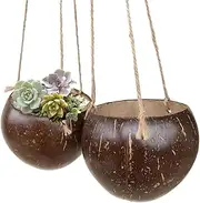 2Pcs Small Hanging Pot, Coconut Shells Hanging Plant Holder with Rope for Succulents, Flowers, Indoor/Outdoor Gardens, Eco-Friendly & Sustainable Plant Holder