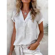 Women's Shirt Cotton Linen Shirts Button Up Blouse Solid Color Basic Casual Short Sleeve V Neck Regular Tops Daily Pocket Black Pink Blue Orange Light Grey Sum