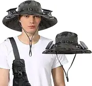 [Dazzleimart] Wide Brim Solar Fan Outdoor Fishing Hat with 2 Solar Fan UPF 50+ Sun Bucket Hat Waterproof Breathable Fishing Hat Bucket Hat