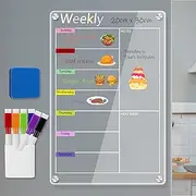 ZenBeya Clear Acrylic Meal Planner for Fridge, Magnetic Menu Board for Kitchen, Colorful Calendar Weekly Dry Erase Board for Refrigerator with 6 Magnet Markers & Eraser & Pen Holder (20x30cm)