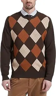 [Kallspin] Heerren Wool Blend Knitted Jumper Argyle Crew Neck Pullover Sweater, Brown, Large Tall