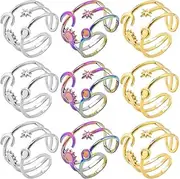 [Wozya] Vintage Multilayer Star Moon Sun Stainless Steel Rings for Women Girl Personalize Hollow Line Charm Adjustable Men Ring Jewelry J255-Mix-5Pcs Resizable