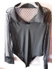 WDIRARA XL Long Sleve Black With Mesh Sleeves Bodysuit Collared Ribbed New