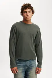 [Cotton On Men] Cotton On Men - Cropped Fit Textured Long Sleeve - Army waffle XL ARMY WAFFLE