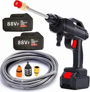 88VF Electric Car Pressure Washer Cordless Spray Gun Water Cleaner with 2 Battery 1 Charger 5M Inlet Hose Extension Rod 0°/40°Outlet Nozzle Inlet Filter 200ml Foam Kettle