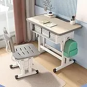 Kids' Desk Chair Sets, Adjustable Height Children Study Desk and Chair Set Large Storage Drawer, Multifunctional School Student Writing Study Table and Chair Set, Ergonomic Design (Beige)