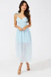 Blue Midi Dress Tulle Corset Detail Occasion Dress - Size 8, Women's Midi Dress