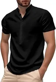 [Generic] Men's T-Shirts Short Sleeve T Shirts for Men Moisture Wicking Quick Dry Solid Color Button T-Shirt Casual V Neck Tee, Black-1, Medium