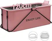 USOR 120 cm Folding Portable Bathtub Freestanding Bathtubs Foldable Collapsible tub Steaming Bath tub Home Spa for Family Adult Children Foldable Shower tub Bath with Cloth Cover and Neck Rest Pink