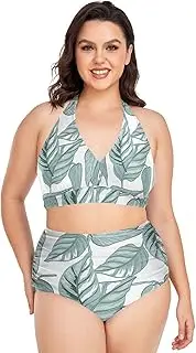[Caihoyu] Large Size Lady Bikini Tummy Control Bathing Suits High Waisted Bikini Swimwear Tropical Plant Leaves L