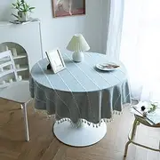 Plobeca Round Tablecloth Tassel Cotton Linen Table Cover Dust-Proof Wrinkle Free Table Cloths for Dinner Party Wedding Decor (Blue, Dia 200CM)