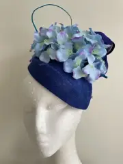 Blue air hostess fascinator with hydrangea flowers, silk abaca loops and quill!