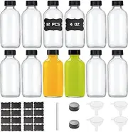 Bastelica 12 Pack 4 oz Small Clear Glass Bottles with Lids & 4 Funnels & 16 Lables & 1 Marker - 120ml Boston Sample Bottles for Potion, Ginger Shots, Whiskey, Juice, Liquids