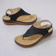 [HHZYT] Women's Wedge Platform Thong Sandals Clip Toe Buckle T-Bar Slippers Faux Leather Flip Flops Summer Open Toe Sandals Casual Beach Shoes,Black,US9/EU40