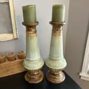 Pottery Candlestick Holders 16” Tall - Green Brown