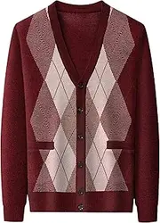 [SWJGLITTR] Men V Neck Sweater Cardigan Buttons Argyle Pattern Mens Cardigans Wool Blend Cable Knit Sweaters Jacket, A6 Red, Medium