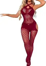 [Buitifo] Woman Sexy Lingerie Nightwear Halter Body Stocking One Piece Fishnet Mini Top and Tights