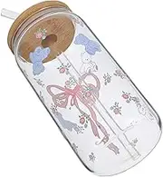 iplusmile Cute Glass Cup with Lid and Straw Large Capacity Heat Resistant Drinking Tumbler Ideal for Home Office and Party Soda Smoothies Juice