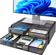 Metal 2-Tier Monitor Stand with Drawer and Storage for Desk Organization