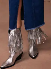 Mint Velvet Silver Annie Fringe Cowboy Boots (F83032) | $415
