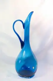 Vintage Empoli Italian Clear Teal/Blue Glass Tall Decanter, Large MCM