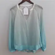 NEW Women's DVF Maiko Chiffon Blue White Ombre Silver Silk 6 $265 Top Blouse