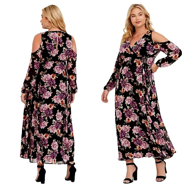 TORRID 00X WOMEN DRESS MAXI LONG STRETCH LINED COLD SHOULDER CHIFFON BLACK PINK