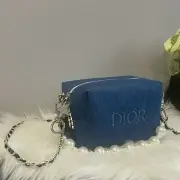 CHRISTIAN DIOR Denim Blue Makeup Pouch Bag w Faux Pearl Chain & Crossbody Strap