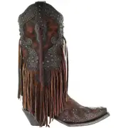 Corral Boots Leopard Print Fringe Snip Toe Cowboy Womens Brown Casual Boots A36