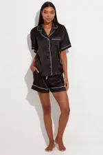 Black Animal Print Animal Pj Jacquard Satin Piping Pyjama Set - Size L, Women's Pj Set