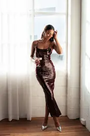 [PUP26] Vesina Maxi Dress - Burgundy XS dark red