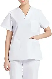 ieron Uniform Women V Neck Functional Scrub Tunic Top for Spa/Dental/Elderly Carer/Massage/Salon/Warehouse, White XL