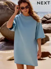 Blue Raw Hem Detail Washed 100% Cotton Crew Neck Dress (AF5816) | $60