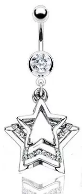 316L Surgical Steel Triple Layered Gemed Dangle Star Belly Ring CLEAR