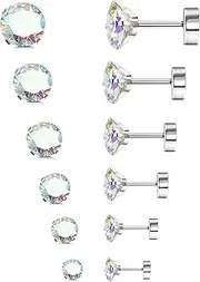 [Kakonia] 6 Pairs G23 Titanium Flat Back Stud Earrings for Women Men Titanium Round CZ AB Cartilage Earring Studs Hypoallergenic Screw Back Ear Piercing Set 20G 2-8MM