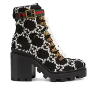 Gucci Black White GG Logo Tweed Lace Up Tie Block Heel Lug Sole Combat Boot 36.5