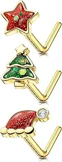 [Melighting] MeIighting 3PCS Christmas Nose Studs 20G Star Nose Rings 316L Stainless Steel Nose Piercing L-Shaped Christmas Tree Hat Nose Piercing Women 7mm