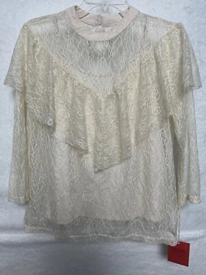 Mossimo Women Top Medium Ivory 3/4 Sleeve Lace Overlay Ruffle Peasant Boho Blous