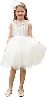 [Aibaowedding] Lace Floral Sheer Neck Tulle Flower Girl Dress for Wedding Kids Tea Party Dress, White 1, 2-3 Years